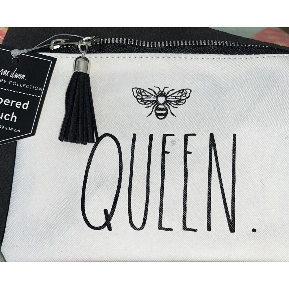Rae Dunn Cosmetic Queen Bee White Zip Pouch Make-Up Bag NWT